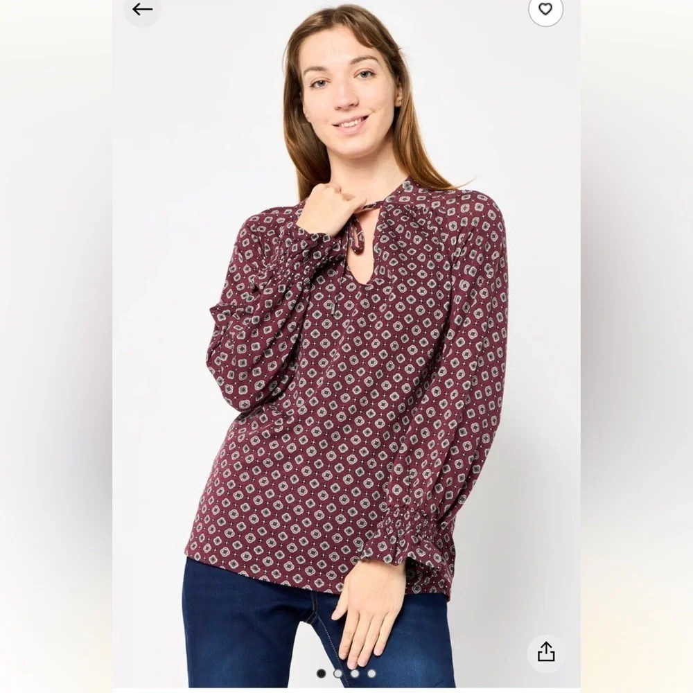 Michael by Michael Kors Burgundy Geometric Print V-Neck Long Sleeve Top sz 4X - Picture 2 of 10